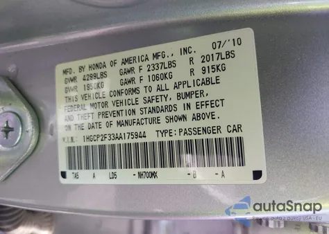 2010 Honda Accord 2.4 Lx z USA, uszkodzony, nr VIN 1HGCP2F33AA175944